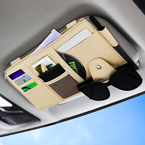 Car Sun Visor Organizer, Leather Pocket Organizer Sunglass Holder for Car Interior Accessories with Multi-Pocket Net Zipper, Beige - color: Beige