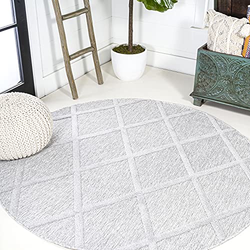 JONATHAN Y Diamond Trellis Indoor Outdoor Round Area Rug 5 Ft Light Gray, Salines for Backyard, Patio, Porch, Easy-Cleaning, High Traffic, Pet-Friendly, Non-Shedding (IBZ101C-5R) - color: Light Gray, size: 5'3" (Round)