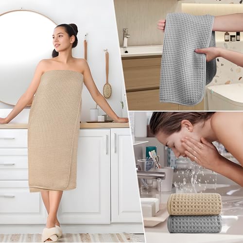 POLYTE 430 GSM Microfiber Quick Dry Lint Free Oversize Bath Towel Set, 6 Piece (Waffle Weave) - color: Beige,light Gray