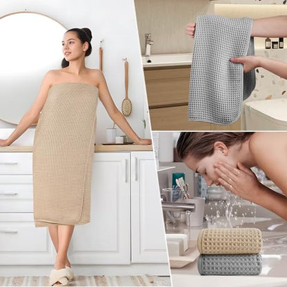 POLYTE 430 GSM Microfiber Quick Dry Lint Free Oversize Bath Towel Set, 6 Piece (Waffle Weave) - color: Beige,light Gray