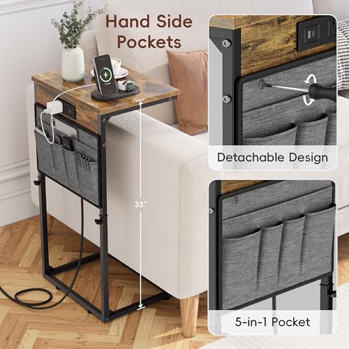 Vagusicc C-Shaped End Table with Charging Station, Small Side Table for Couch, 33" Tall C Table Adjustable Height Side Table, Couch Tables that Slide Under, Sofa Table TV Tray for Living Room, Brown - color: 1pc Rustic Brown