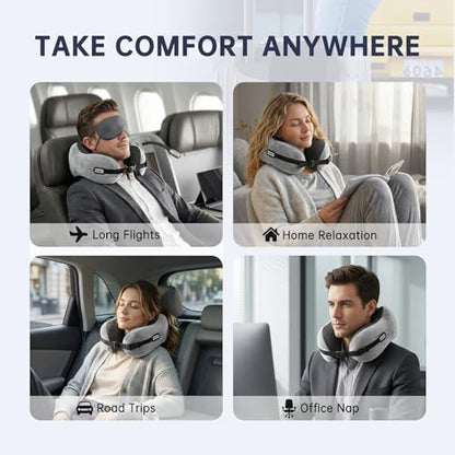 Neck Pillow Travel Pillow - 100% Pure Memory Foam Airplane Pillow with Adjustable Clasp & Removable Cover, Portable Travel Essentials for Long Flights, Car & Office (Light Gray, with Eye Mask) - color: Light Gray, With Eye Mask