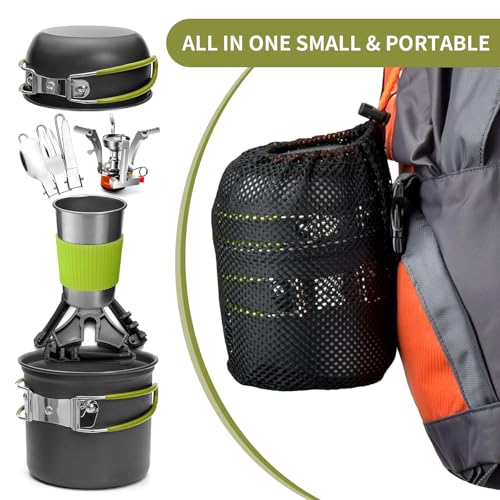 aiGear 8pcs Camping Cooking Set for 1-2 People with Pot Cutlery Stove Stand | Lightweight aluminum nonstick cookware, folding handles, nesting design, portable for camping, picnic, hiking, backpacking - color: Green