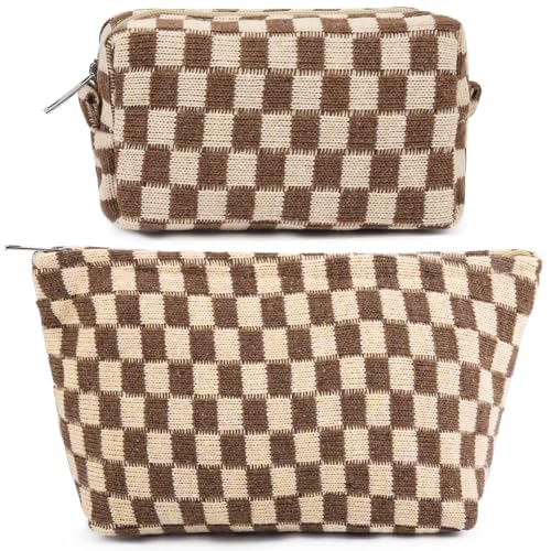 Travel Makeup Bag, Checkered Cosmetic Bag Make Up Organizer Case for Women, Small Toiletry Bag Skincare Pouch for Toiletries Accessories Brushes, 2PCS - color: Checkered, 2PCS - Brown