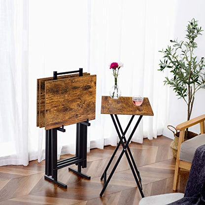 HOOBRO Folding TV Tray Tables, Set of 4 TV Trays with Storage Rack, Industrial Side Table for Eating at Couch, Foldable Snack Table for Small Space, Easy Assembly, Rustic Brown and Black BF50BZ01 - color: Rustic Brown + Black