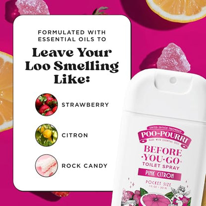 Poo-Pourri Before-You-Go Pocket Toilet Spray, Travel Essentials, Pink Citron, 1 Fl Oz, Up to 50 Uses, On-The-Go Bathroom Odor Deodorizer with Essential Oils, TSA Approved Size - size: 1 Ounce (Pack of 1), style: Pink Citron