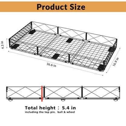 NADAMOO 5.4 in Low Profile Under Bed Storage, 36.6" Ultra Long Metal Underbed Organizer with 6 Smooth Rolling Wheels, 110 lbs Heavy Duty Foldable Under Bed Container for Shoes, Clothes, Toys, 2 Packs