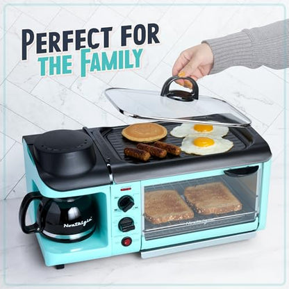 Nostalgia 3-in-1 Breakfast Station - Includes Coffee Maker, Non-Stick Griddle, and 4-Slice Toaster Oven - Versatile Breakfast Maker with Timer - Aqua - color: Aqua, style: Classic Retro