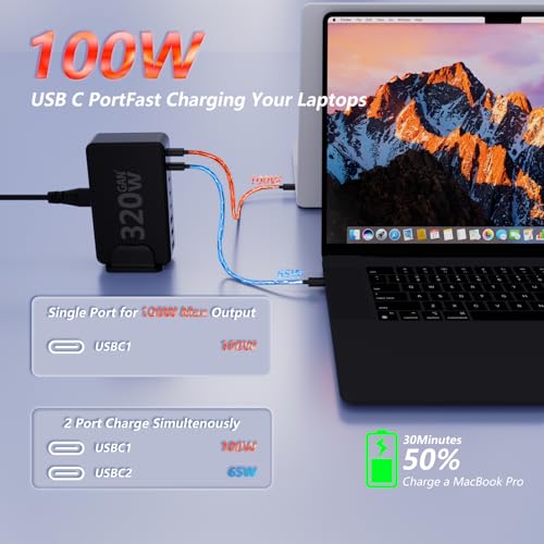320W USB C Charging Station, 8-Port GaN III Desktop Charger Block, 100W PD Fast Laptop Power Adapter Hub with 5FT Cable for Multiple Devices, Compatible with MacBook Pro/Air, iPhone 17/16, iPad, Dell