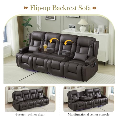 TUNYI Power Loveseat Recliner Sofa with Massage & Heat Home Theater Seating with Console RV Recliner Loveseat Sofa with USB/Storage/Side Pocket/LED Light/Speaker (Brown, 4 Seat) - color: Brown, size: 4 Seat