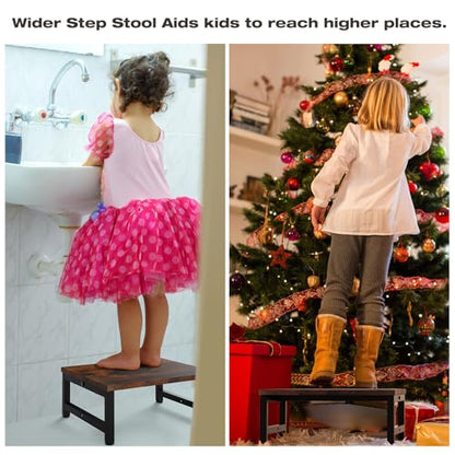 Flottian 6" Wooden Step Stools for Adults Kids,15.4" Extra Wide Heavy Duty Step Stool Holds Up to 300 lbs,Bed Step Stool for High Beds,Stools for Bedroom,Kitchen,SUV ect,Easy Assemble,Rustic Brown