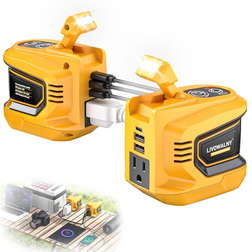 LIVOWALNY 200W-250W Power Inverter Compatible with DeWALT 20V Battery (Battery Not Included), DC 20V to AC 110V-120V Portable Inverter, 1 AC Outlet, 2 USB Ports & 1 Type-C Port, LED Work Light(2-Pack) - color: Yellow, size: 2-PACK