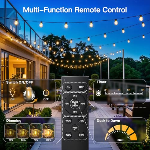 100FT Outdoor String Lights with Remote, 50 + 3 Spare G40 LED Bulbs Plug in Connectable Dimmable Patio Lights, Waterproof Hanging Lights for Outside Backyard Balcony Yard Deck Party - style: 100FT-G40(Remote+Dimmer)