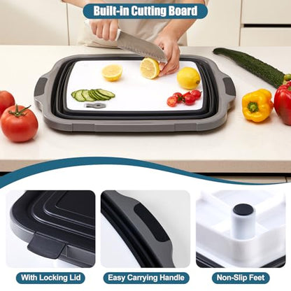 2-Pack Collapsible 3-in-1 BBQ Prep Tub with Locking Lid | Folding Cutting Board, Marinating & Washing Container, Locking Lid for Easy Storage - Kitchen & BBQ Must-Have