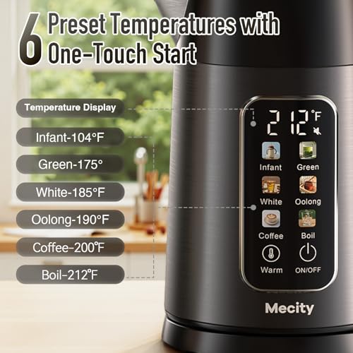 Mecity Electric Kettle 1.7L Touch Screen Temperature Control Water Boiler, No Plastic Contact with Water. 6 Preset Temperature Programs, 2 Hours Keep Warm, Auto Shut Off, Dark Grey - color: Grey & Black