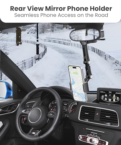 Karmus Rear View Mirror Phone Holder, Aluminum Alloy Mount Car Phone Holder Universal Rotatable and Retractable Rearview Mirror Phone Mount for Car Truck - color: Black