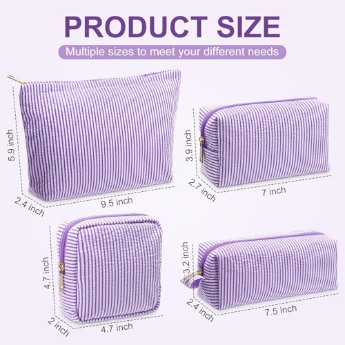 Sanwuta 4 Pcs Seersucker Pouch Cosmetic Bag Set Seersucker Makeup Bag Women Stripe Large Travel Toiletry Organizer Aesthetic Preppy Storage for Embroidery Women Bridesmaid Gifts(Purple) - color: Purple