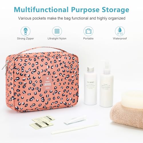 Mossio Hanging Toiletry Bag with Sturdy Hook - Large Portable Cosmetic Makeup Travel Organizer for Men & Women - color: Pink Leopard