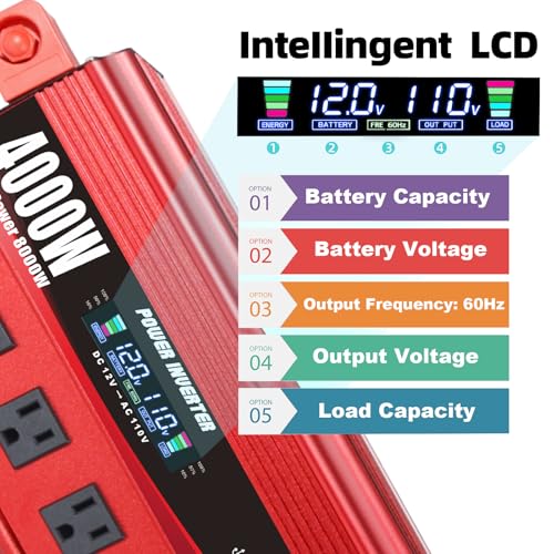 Cantonape 4000W Power Inverter 12V to 110V/120V DC to AC with LCD Display, Remote Controller 5 x AC Outlets and 4 x 3.1A USB Car Adapter for Car Truck Boat RV Solar System - size: 4000W-12V