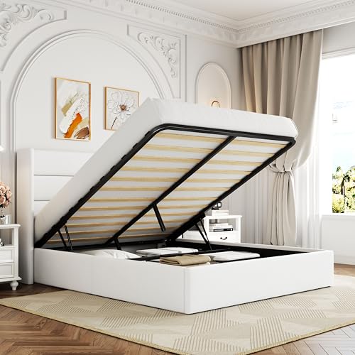 Allewie Queen Size Velvet Lift Up Storage Bed, Modern Wingback Headboard, Hydraulic Support, No Box Spring Needed, White - color: White, size: Queen, style: Modern