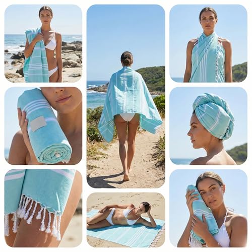 Cotton Turkish Beach Towel with Towels Oversized 36"x72" Pool Absorbent Extra Large Quick Dry Sand Travel Towel (Aqua Satin, 2 Pack) - color: Aqua Satin, size: 2 Pack
