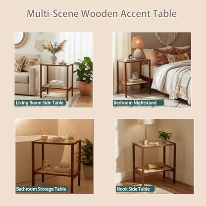 Tiita Rattan Side Table, Mid Century Nightstand, 2-Tier Bamboo Accent Bedside Tables, Glass Coffee Tables, Boho Wooden Narrow End Table with Storage for Small Space, Living Room and Bedroom - color: 2-tier-rattan-brwon