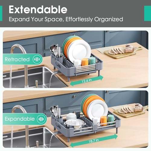 TOOLF Dish Drying Rack, Expandable Dish Rack for Kitchen Counter, Anti-Rust Dish Drainer, Sink Organization and Storage Essentials with Cutlery & Cup Holder, Gray - color: Gray