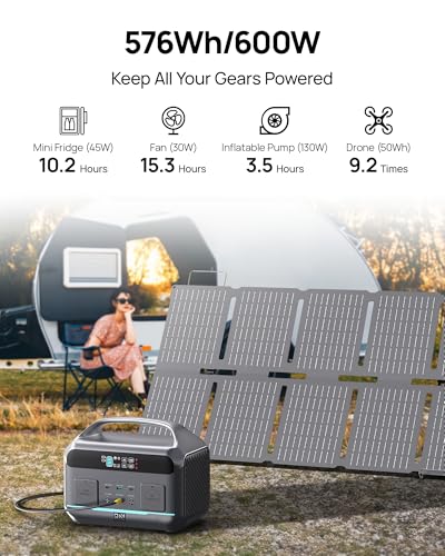 Solar Generator 600W (Surge 1200W), Portable Power Station with 100W Solar Panel, 576Wh (180,000mAh) LFP Battery with AC & DC Outlets, 1 Hour Fast Charging for Home & Emergency, Camping, CPAP - color: Carbon Black