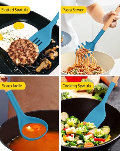 Silicone Kitchen Utensil Set for Non Stick Cookware, 7 Pcs Heat Resistant Cooking Utensils with Wooden Handle, BPA Free Kitchen Tools with Spatulas, Spoons, Skimmer and Pasta Fork (BLUE) - color: Blue