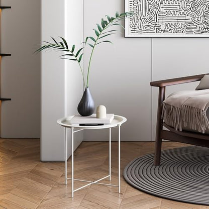 End Table Set of 2, Outdoor Side Table, Small Patio Round Folding Metal Side Tables for Outdoor,Living Room,Bedroom Balcony and Office, 2 PCS - color: White