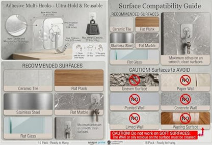 Adhesive Wall Hooks, Clear, Plastic, Heavy Duty, 16 Pack