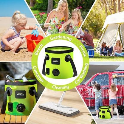 Collapsible Bucket with Handle 5.3 Gallon Container Folding Water Bucket Portable with 2 Clear Wash Basin for Camping Fishing Travelling Outdoor Gardening 20L Green