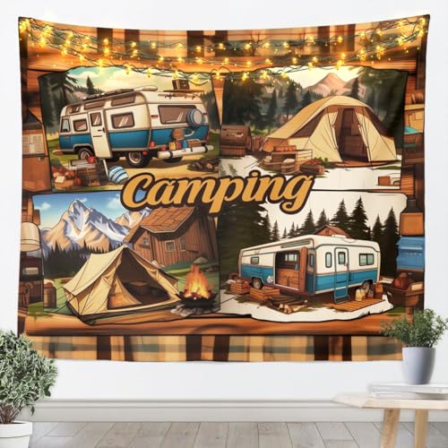 jejeloiu Rustic Cabin Camper Pattern Tapestry Camping RV Wall Art Campfire Tent Wall Hanging Blanket for Living Room Bedroom Outdoor Camping Home Decor Small 51"x59" - color: Brown Blue Beige, size: Small