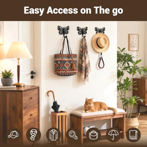 Butterfly Design Metal Hook for Both Screw Mounting and Strong Adhesive | Suitable for Living Room, Bathroom, Kitchen, Bedroom for Coat, Bag, Scarf, Towel, Hat, Key, Cup, Black 6 Set - style: 6B