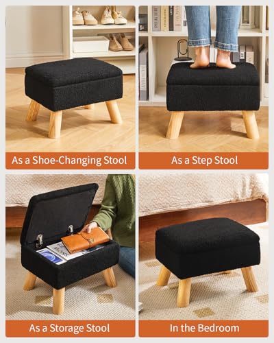 YMYNY Storage Ottoman,Small Foot Stool, 15.75"×11.81"×11.02" Black,HBD042B | Teddy Velvet,Sturdy Wood Legs, Foot Rest With Padded Seat, For Living Room Bedroom Couch Entryway - color: Black