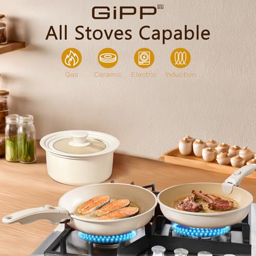 GiPP Ceramic Pots and Pans Set Non Stick, Nonstick Detachable Handle Cookware Sets, Healthy Non Toxic PFAS PFOA & PTFE Free, Dishwasher ＆Oven Safe, Induction Kitchen Pot and Pan, 15 Piece Cream - color: White, size: 15PCS 01