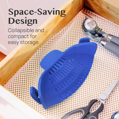 Kitchen Gizmo Snap N' Strain - Silicone Clip-On Strainer for Pots, Pans, and Bowls - Heat-Resistant Kitchen Gadgets, Essential Colander Drainer for Vegetables and Pasta - 7.87x2.76x4.53-Inch (Blue) - color: Blue