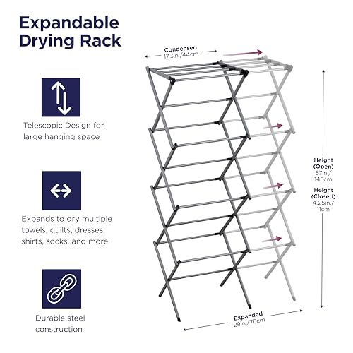 BLACK+DECKER 4-Tier Expandable Collapsible Clothes Drying Rack, Telescopic Height, Foldable Space-Saving Laundry Air Dryer for Towels, Shirts & Delicates – Durable Steel, No Tools Needed - color: Grey/Grey