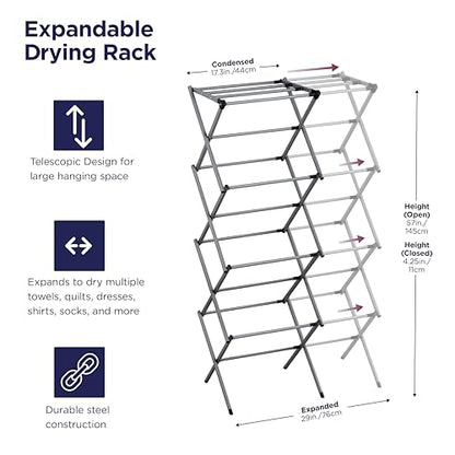 BLACK+DECKER 4-Tier Expandable Collapsible Clothes Drying Rack, Telescopic Height, Foldable Space-Saving Laundry Air Dryer for Towels, Shirts & Delicates – Durable Steel, No Tools Needed - color: Grey/Grey