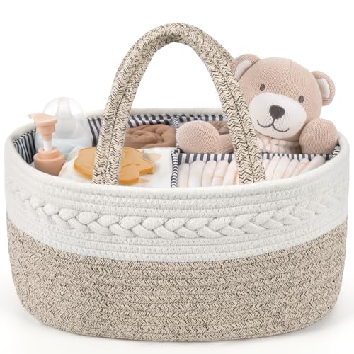 Maliton Baby Diaper Caddy Organizer, X-Large Cotton Rope, Rustic Style, Portable, 3 Compartments, A-Brown - color: A-Brown, size: X-Large