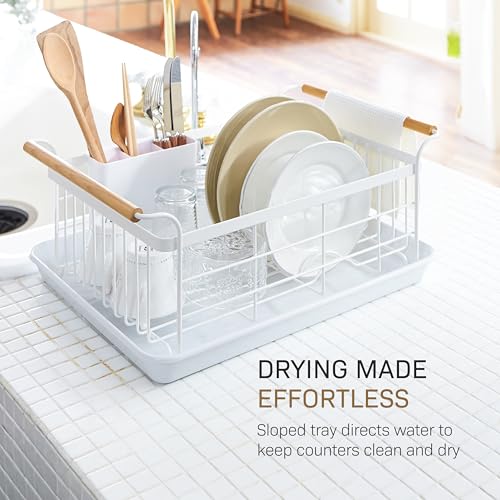 YAMAZAKI Home Dish Drying Rack – Modern White Dish Rack for Kitchen Counter with Removable Drying Tray and Cutlery Holder, Steel + Wood Dish Drying Organizer - Steel + Wood -