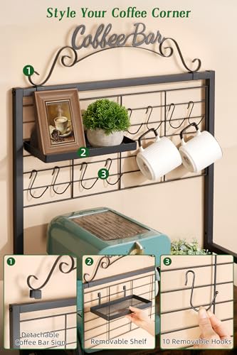Rolling Coffee Bar Cart for Small Spaces, Coffee Station Cabinet with Storage, Apartment Coffee Nook, Side Syrup Rack, Tea Pod Drawer, Magnetic Doors, Lockable Wheels, Rustic Brown - color: Black & Brown