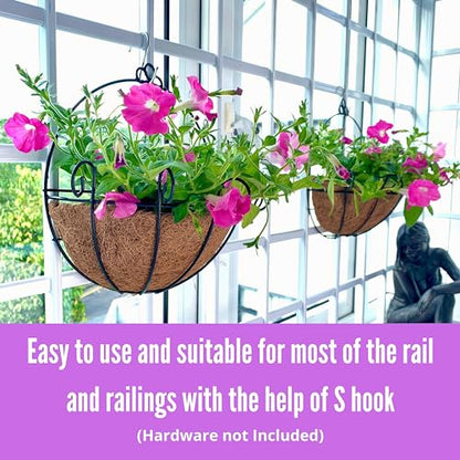 Shoplala Wall Planters for Outdoor Plants (4 Pack, 10 Inch) Metal Black Wire Flower Baskets with Coco Liner, Fence Hanging Planter Balcony Over Deck Porch Railing Rail Patio Modern Herb Outside Garden - size: 10" (25cm) x 4 Pack