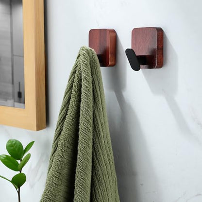 DELITON Acacia Wooden Towel Hooks Red Brown, 4 Pack Sticky Hooks for Hanging Towels, Coat, Hat, Robe, Heavy Duty, No Damage - color: Brown