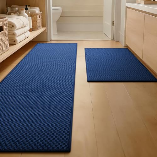 YIHOUSE Bathroom Rugs Sets 2 Piece Non Slip Washable, Absorbent Quick Dry Bath Mat Set, Weave Texture Low Profile Bath Rugs, Floor Mats for Bathroom, Tub & Shower (17"x24" + 17"x47", Dark Blue) - color: Dark Blue, size: 2 Pieces (17"x24" + 17"x47")