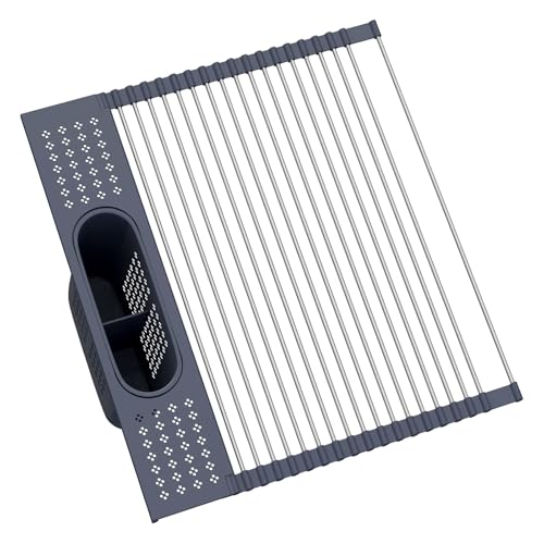 LEMIKKLE 17" x 15" Roll Up Dish Drying Rack Over The Sink Dish Drying Rack,Multi-Purpose Kitchen Rolling Dish Drainer Foldable SUS304 Stainless Steel Dish Drying Rack - color: Grey (for Size 17" X 15")