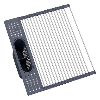 LEMIKKLE 17" x 15" Roll Up Dish Drying Rack Over The Sink Dish Drying Rack,Multi-Purpose Kitchen Rolling Dish Drainer Foldable SUS304 Stainless Steel Dish Drying Rack - color: Grey (for Size 17" X 15")