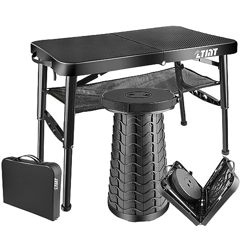 Folding Table and Stool, Small, Black, 4 Foot Outdoor Portable Table, Adjustable Height, Camping, Picnic, RV Table, 55lbs Load-Bearing, Lightweight - color: Black