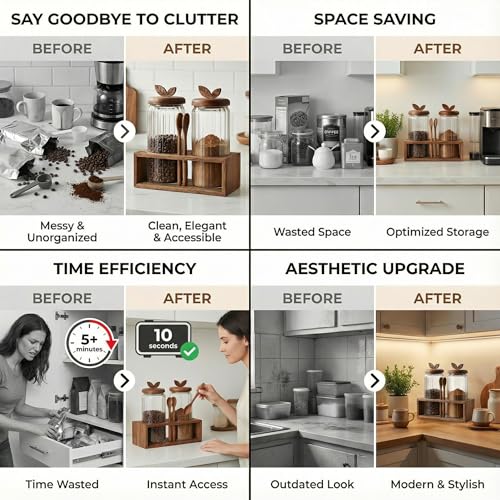 Coffee Bar Glass Canister Set of 2, Airtight Glass Storage Jars with Acacia Wood Lids, Spoons and Organizer Tray for Coffee Beans, Sugar, Tea and Kitchen Counter (2 x 34floz)
