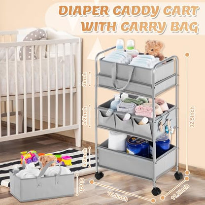 Honeydak 2in1 Baby Diaper Caddy Organizer Cart 3 Tier Large Capacity Metal Utility Bedside Rolling Cart with Divider Newborn Registry Nursery Essential Must Have Crib Bedroom Baby Shower(Gray) - color: Gray